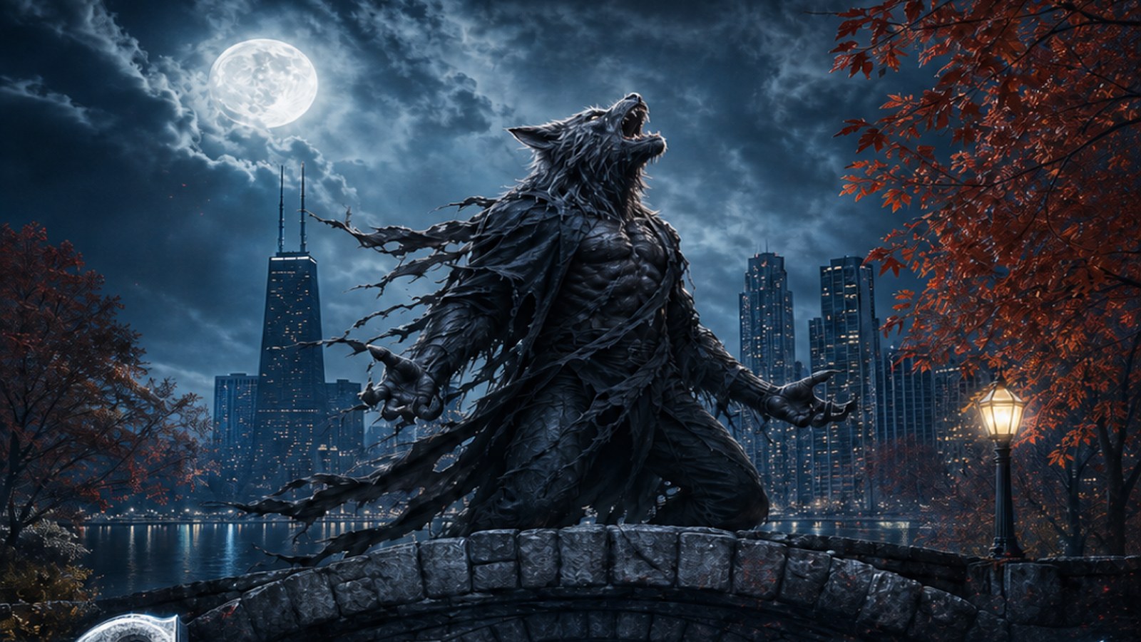 A werewolf howling under a full moon on a Lincoln Park bridge