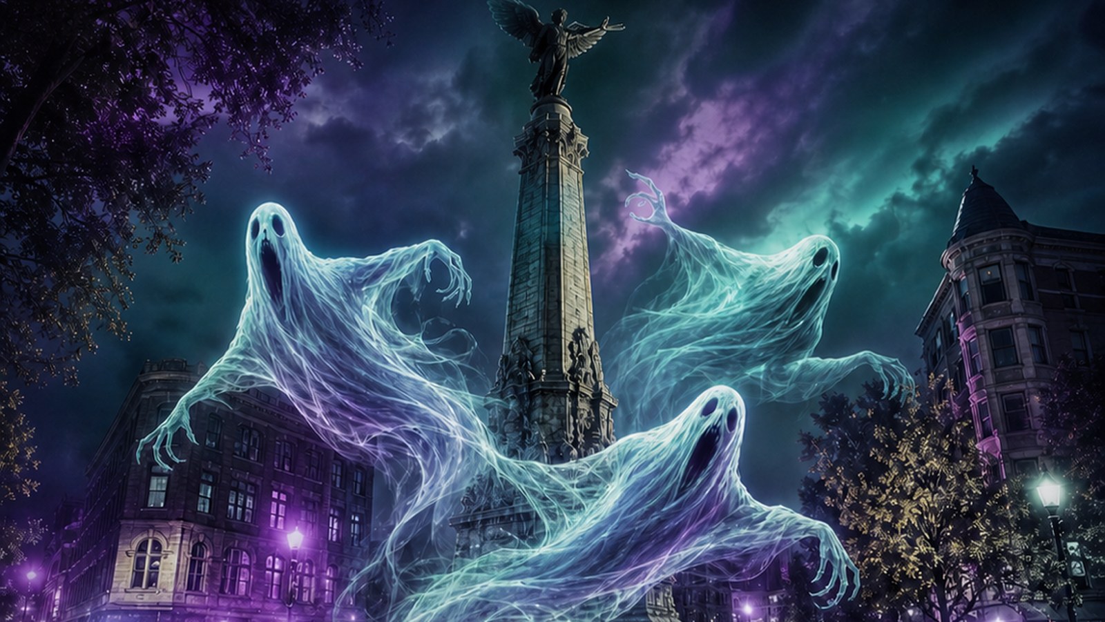 A ghost drifting past the Illinois Centennial Monument in Logan Square