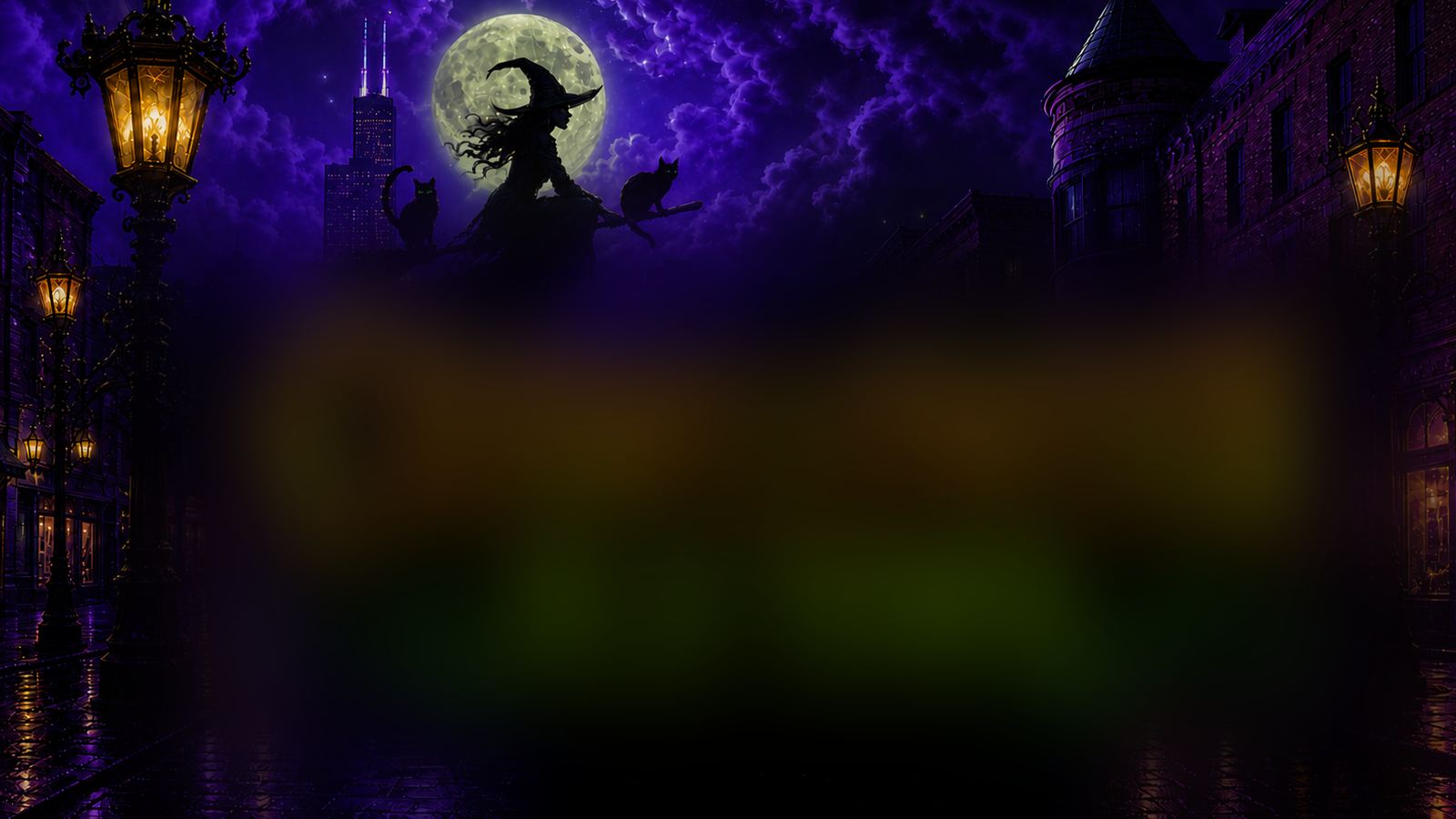 A witch on a broomstick crossing the moon over an Old Town street