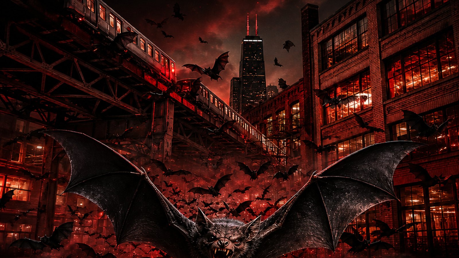 A giant bat under the elevated tracks over West Loop brick warehouses