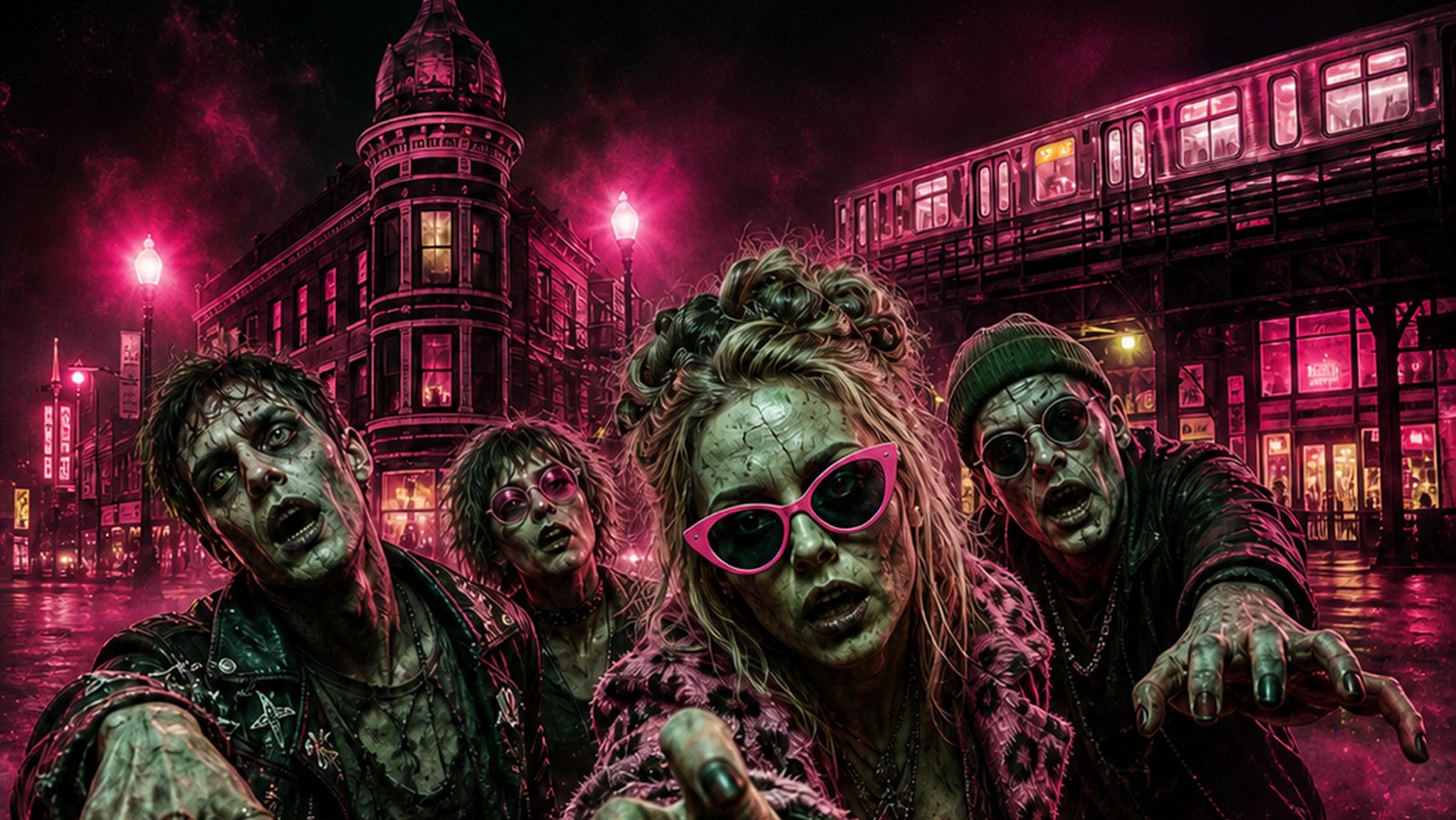 Four zombies reaching down a neon-lit Wicker Park street