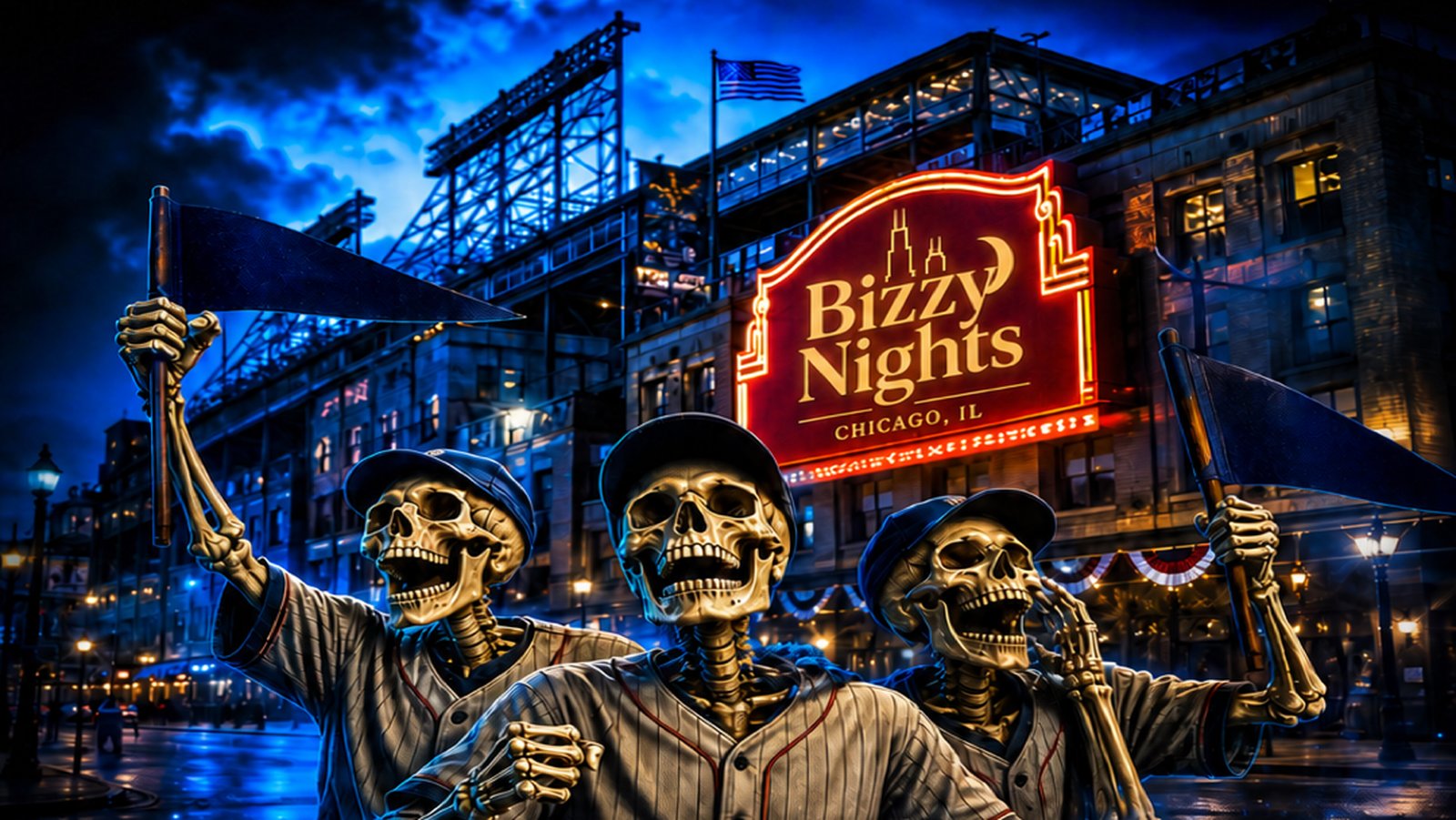 Skeleton ballplayers outside Wrigley Field under the Bizzy Nights sign